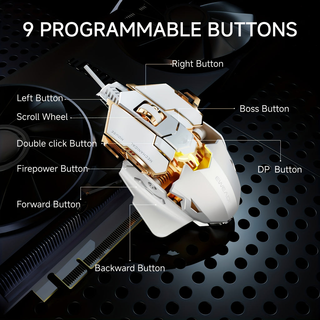 EWEADN G5 USB Wired Gaming Mouse Silent or Audible Optional Metal Mechanical Mouse Gamer with 8 Buttons Macro Function Keys, Support Tail Length Adjustment to Suit Different Hand Sizes Perfect for Desktop, Laptop, Computer, School