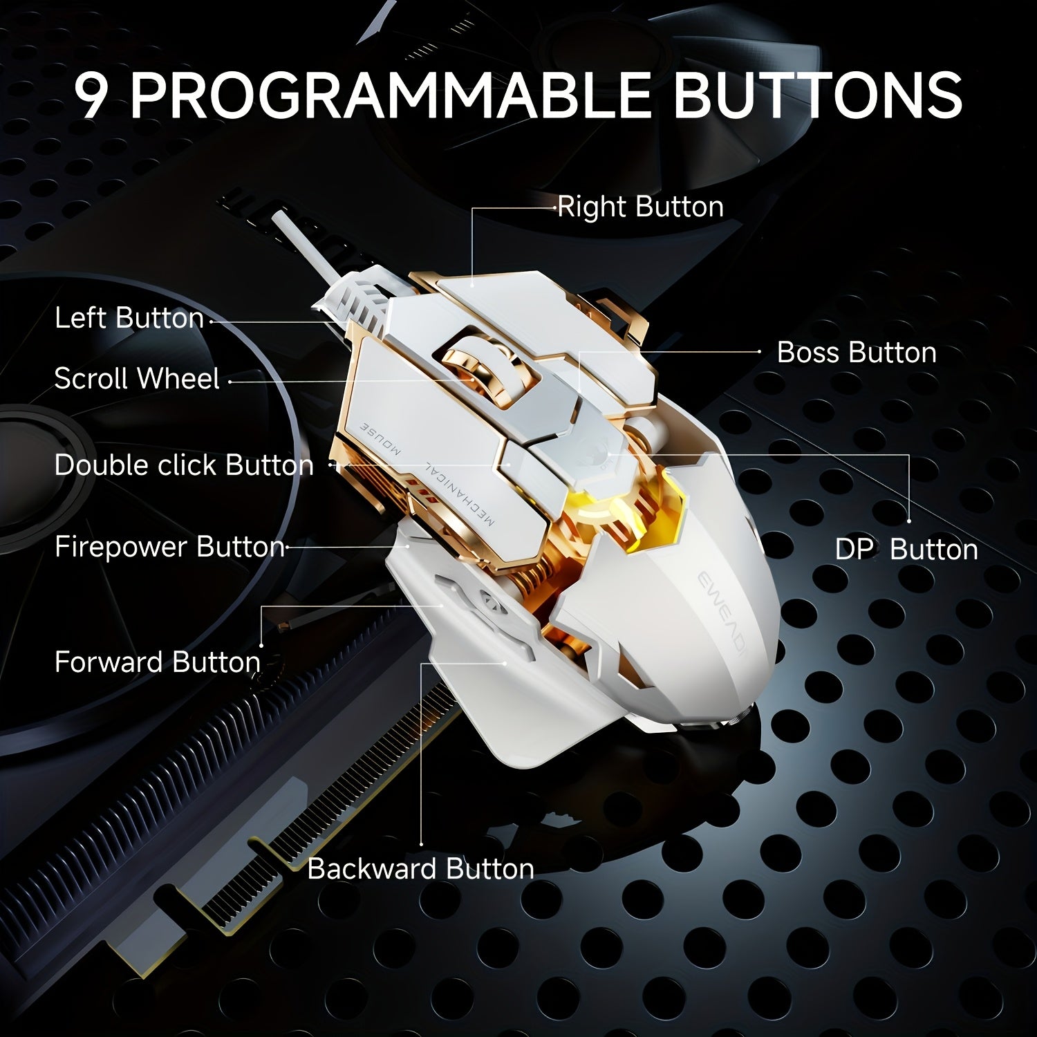 EWEADN G5 USB Wired Gaming Mouse Silent or Audible Optional Metal Mechanical Mouse Gamer with 8 Buttons Macro Function Keys, Support Tail Length Adjustment to Suit Different Hand Sizes Perfect for Desktop, Laptop, Computer, School