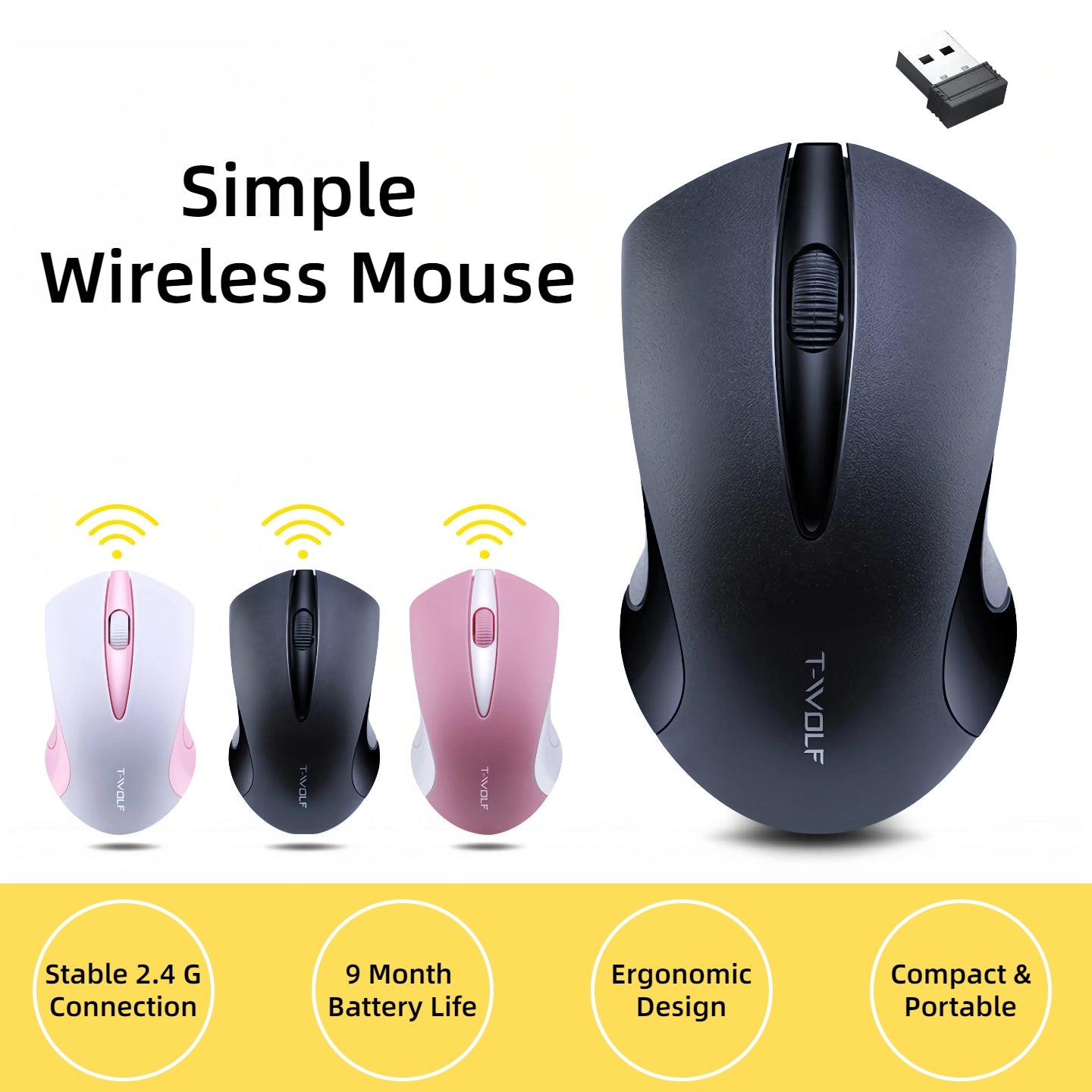 T-WOLF Portable Wireless Mouse- 2.4G Nano Receiver, Long Battery Life, Ergonomic Optical Mouse, Simple Stylish Work Home Study Mouse for Laptop, PC, Tablet- Black, White& Pink