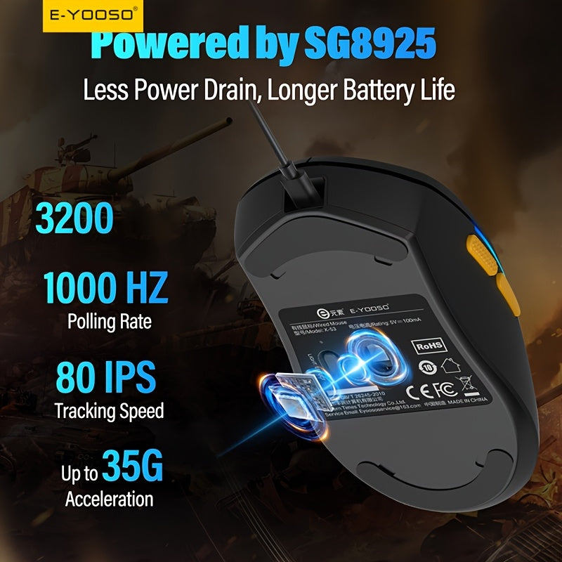 E-YOOSO 1pc Wired RGB Gaming Mouse - Adjustable Seven-Color Backlight, Macro Functions, SG8925 Chip, Compatible with Computer\u002FLaptop Devices, Plug And Play