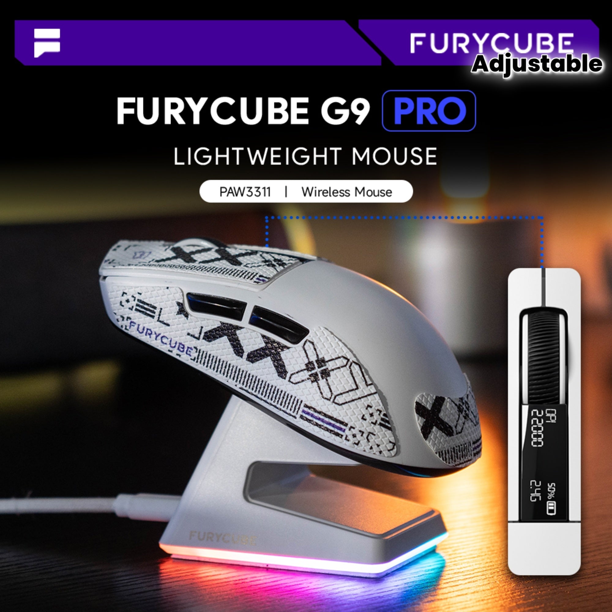 FURYCUBE The G9PRO Black\u002FWhite Tri-Mode Wireless Mouse with Charging Dock Supports Bluetooth\u002F2.4G\u002Fwired Connections, Boasts A Long-lasting 500mAh Rechargeable Battery, and Adjustable DIP 22000, Making It Ideal for Esports Gaming.