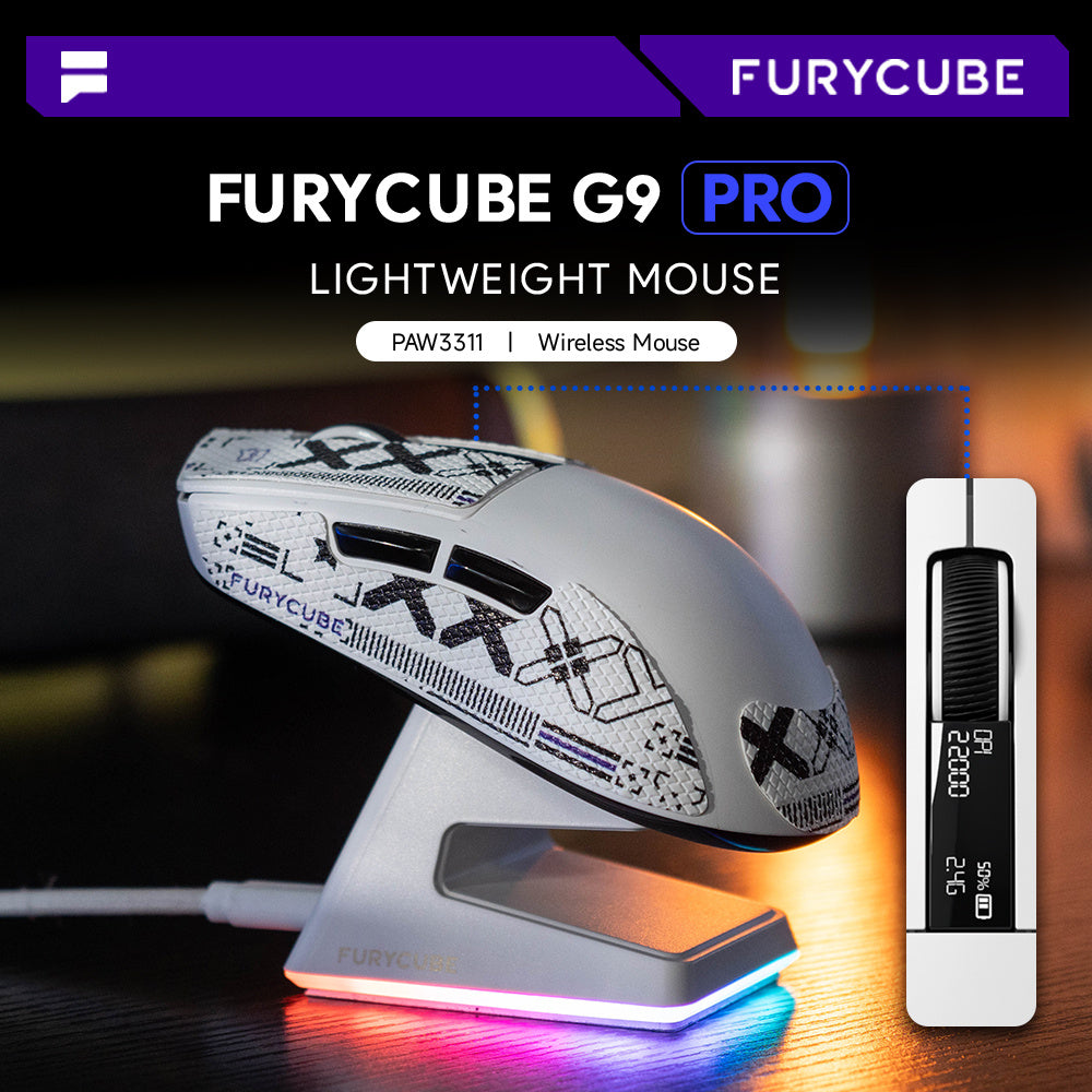 FURYCUBE The G9PRO Black\u002FWhite Tri-Mode Wireless Mouse with Charging Dock Supports Bluetooth\u002F2.4G\u002Fwired Connections, Boasts A Long-lasting 500mAh Rechargeable Battery, and Adjustable DIP 22000, Making It Ideal for Esports Gaming.