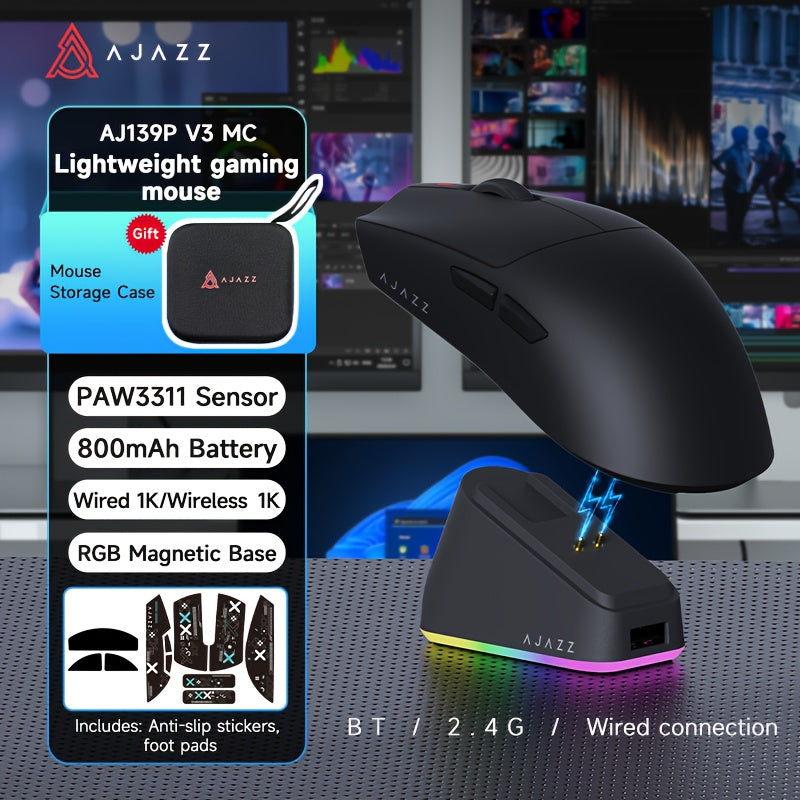 AJAZZ AJ139P V3 MC Wireless Mouse, Equipped with a Charging Dock, a Three-Mode Gaming Mouse, 800Mah Battery, PAW3311 Sensor, 1000 Polling Rate, Lightweight at 69G, Compatible with Win\u002FMac