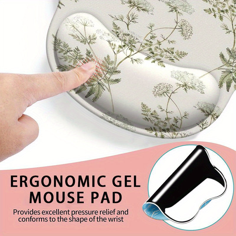 Mouse Pad with Wrist Support 1pc, Mouse Pad with Wrist Support, Plant Pattern, Ergonomic Mouse Pad with Wrist Support, Wrist Support, Non-Slip Base, Comfortable Typing, Suitable for Gaming and Office Use