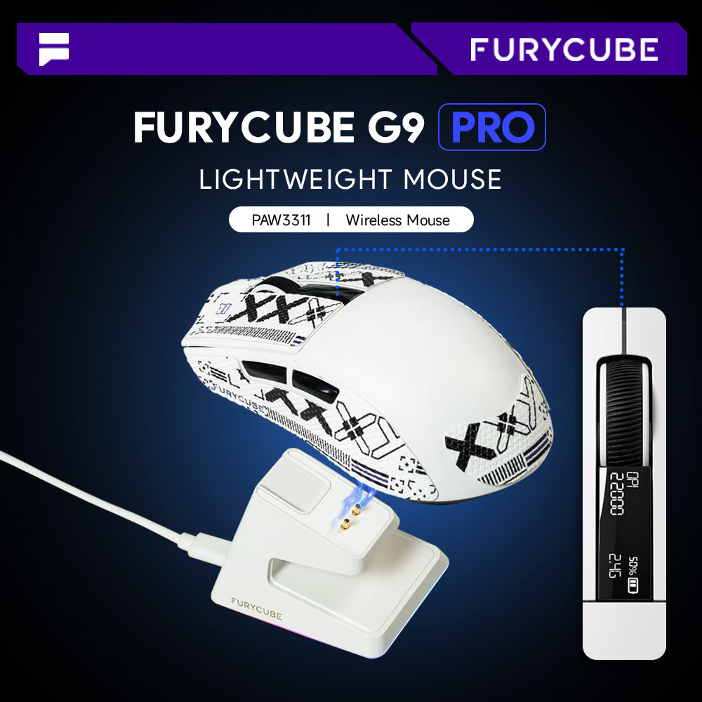 FURYCUBE The G9PRO Black\u002FWhite Tri-Mode Wireless Mouse with Charging Dock Supports Bluetooth\u002F2.4G\u002Fwired Connections, Boasts A Long-lasting 500mAh Rechargeable Battery, and Adjustable DIP 22000, Making It Ideal for Esports Gaming.