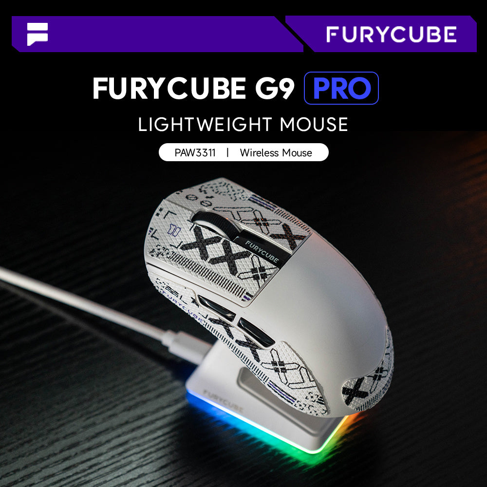 FURYCUBE The G9PRO Black\u002FWhite Tri-Mode Wireless Mouse with Charging Dock Supports Bluetooth\u002F2.4G\u002Fwired Connections, Boasts A Long-lasting 500mAh Rechargeable Battery, and Adjustable DIP 22000, Making It Ideal for Esports Gaming.