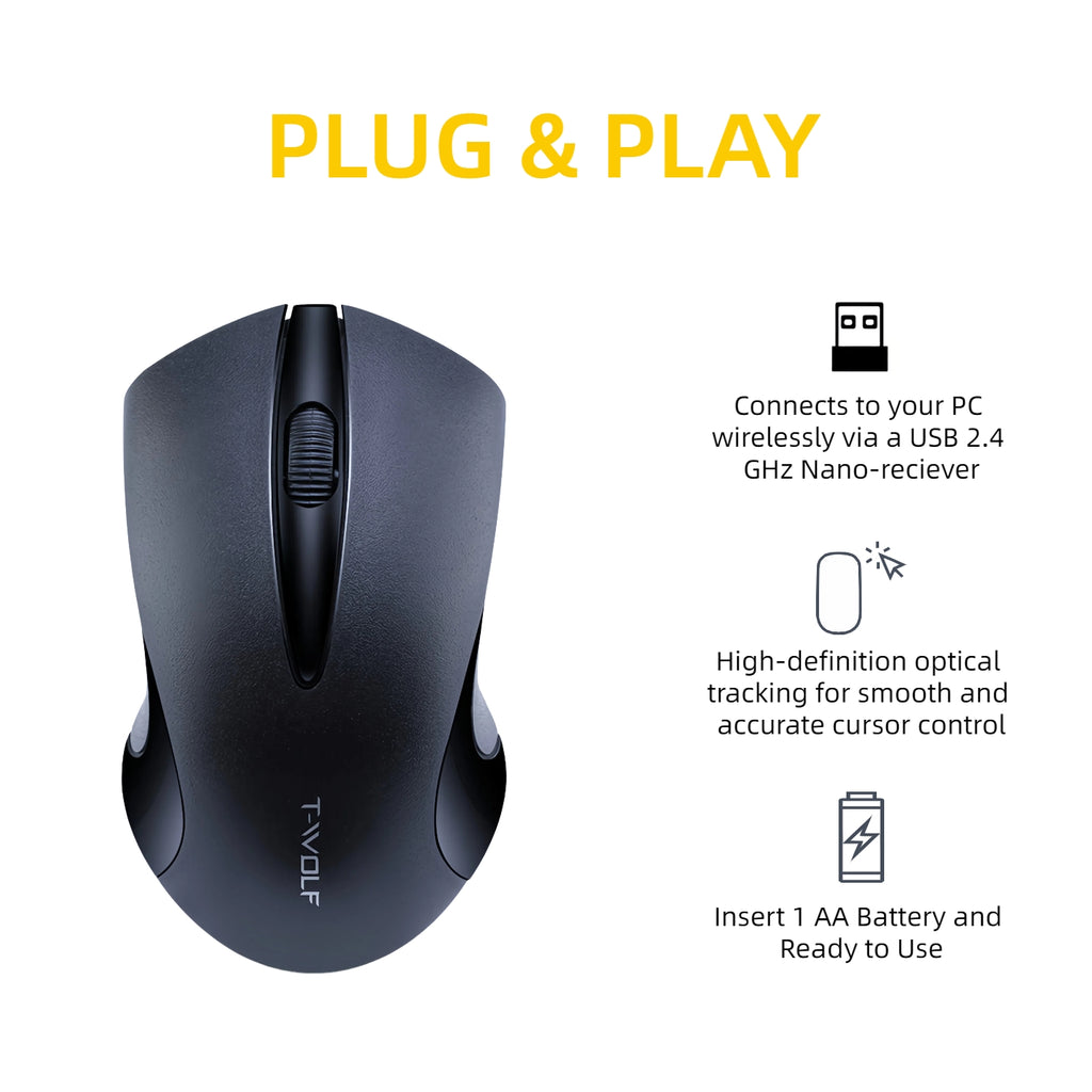T-WOLF Portable Wireless Mouse- 2.4G Nano Receiver, Long Battery Life, Ergonomic Optical Mouse, Simple Stylish Work Home Study Mouse for Laptop, PC, Tablet- Black, White& Pink