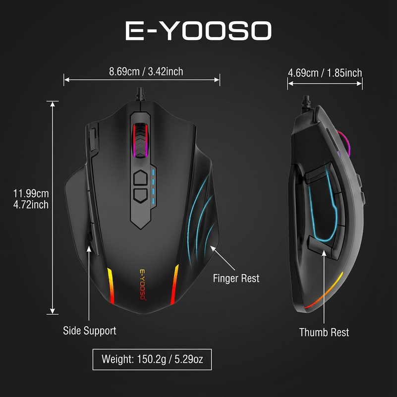 11-key Multifunctional Mouse with Macro Support. Ergonomic Design for Long-term Use Without