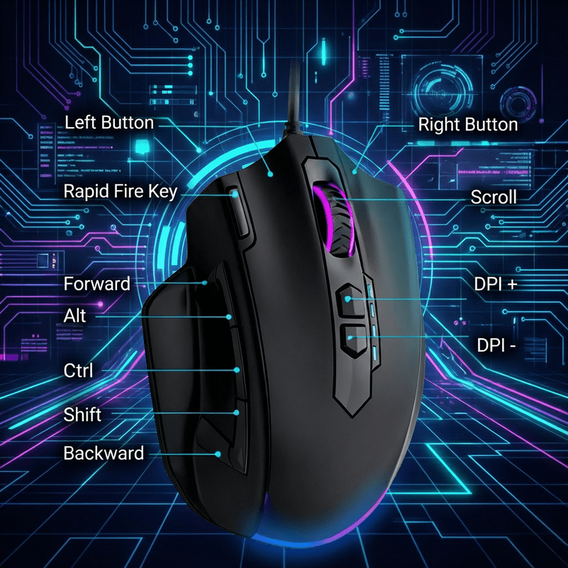 11-key Multifunctional Mouse with Macro Support. Ergonomic Design for Long-term Use Without