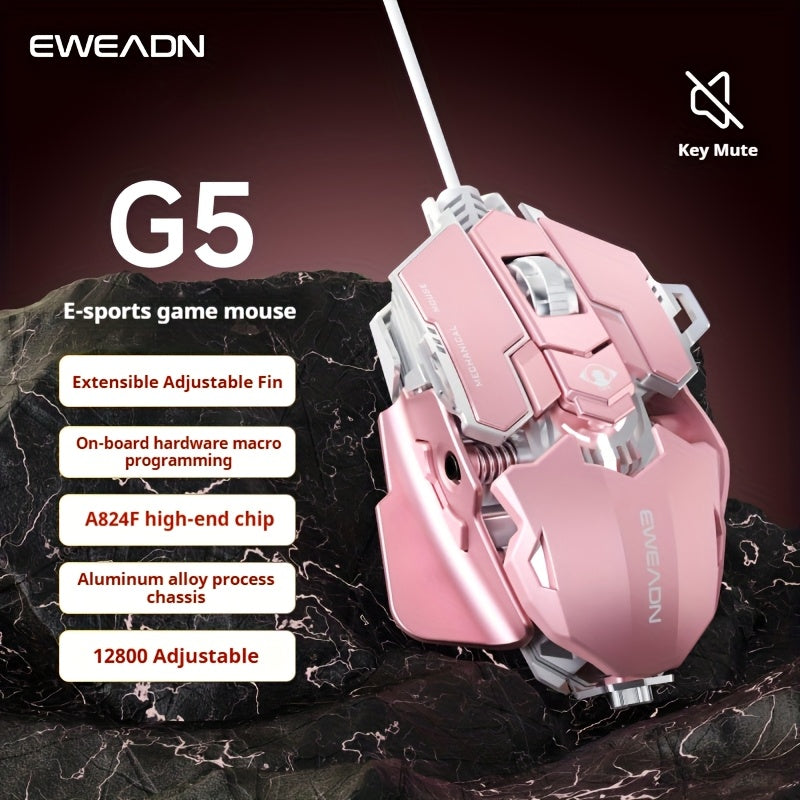 EWEADN G5 USB Wired Gaming Mouse Silent or Audible Optional Metal Mechanical Mouse Gamer with 8 Buttons Macro Function Keys, Support Tail Length Adjustment to Suit Different Hand Sizes Perfect for Desktop, Laptop, Computer, School