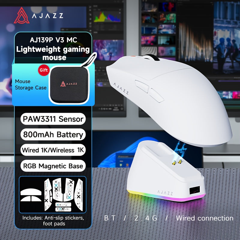 AJAZZ AJ139P V3 MC Wireless Mouse, Equipped with a Charging Dock, a Three-Mode Gaming Mouse, 800Mah Battery, PAW3311 Sensor, 1000 Polling Rate, Lightweight at 69G, Compatible with Win\u002FMac