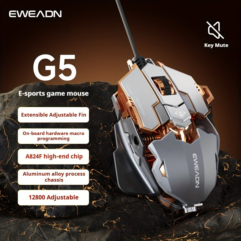 EWEADN G5 USB Wired Gaming Mouse Silent or Audible Optional Metal Mechanical Mouse Gamer with 8 Buttons Macro Function Keys, Support Tail Length Adjustment to Suit Different Hand Sizes Perfect for Desktop, Laptop, Computer, School
