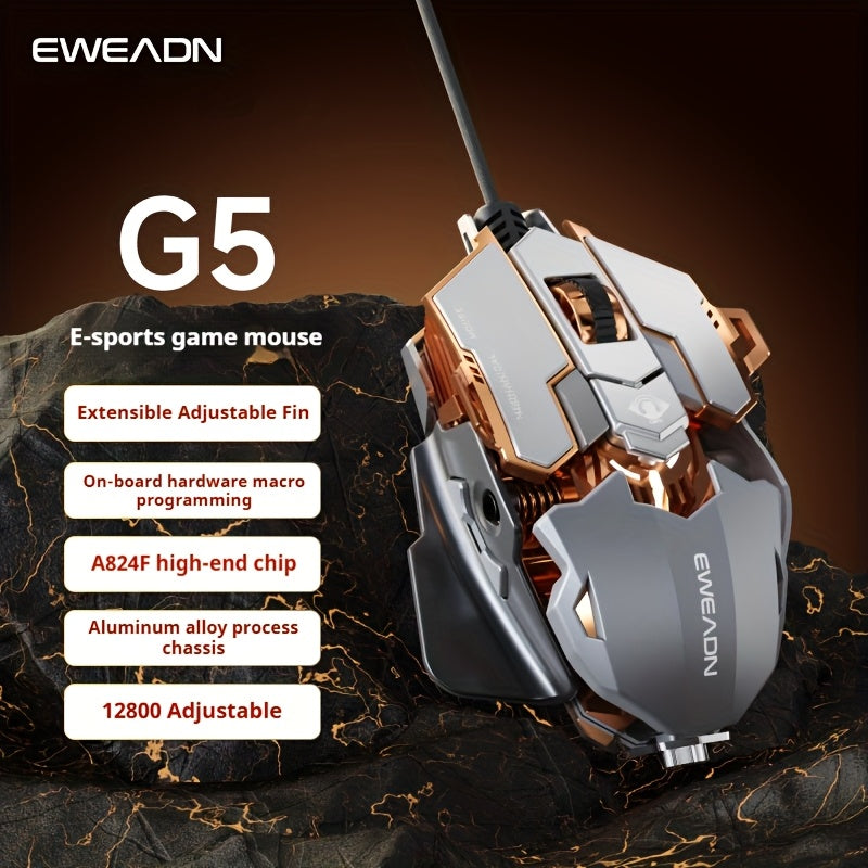 EWEADN G5 USB Wired Gaming Mouse Silent or Audible Optional Metal Mechanical Mouse Gamer with 8 Buttons Macro Function Keys, Support Tail Length Adjustment to Suit Different Hand Sizes Perfect for Desktop, Laptop, Computer, School