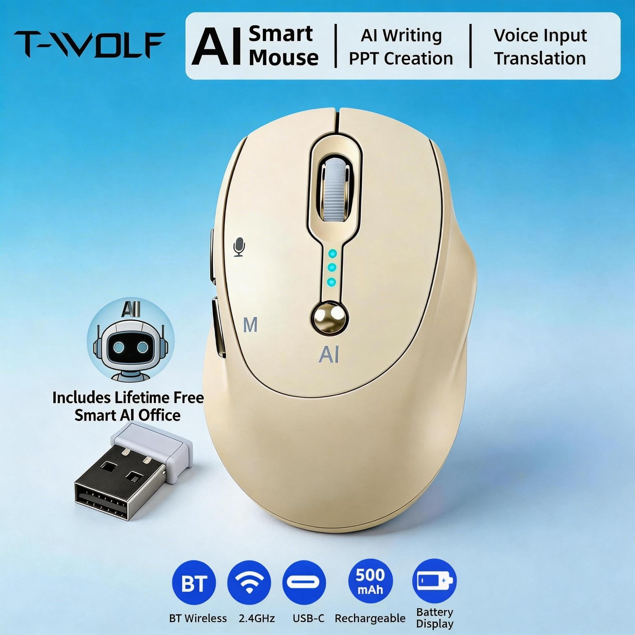 T-WOLF AI Wireless Mouse - Includes Free Smart AI Office, Voice-To-Text And Translation, AI Writing And PPT Generation, Silent Wireless + 2.4G Dual-Mode Office Mouse, Rechargeable with Battery Level Display, Suitable for PC, Laptops, And Tablets