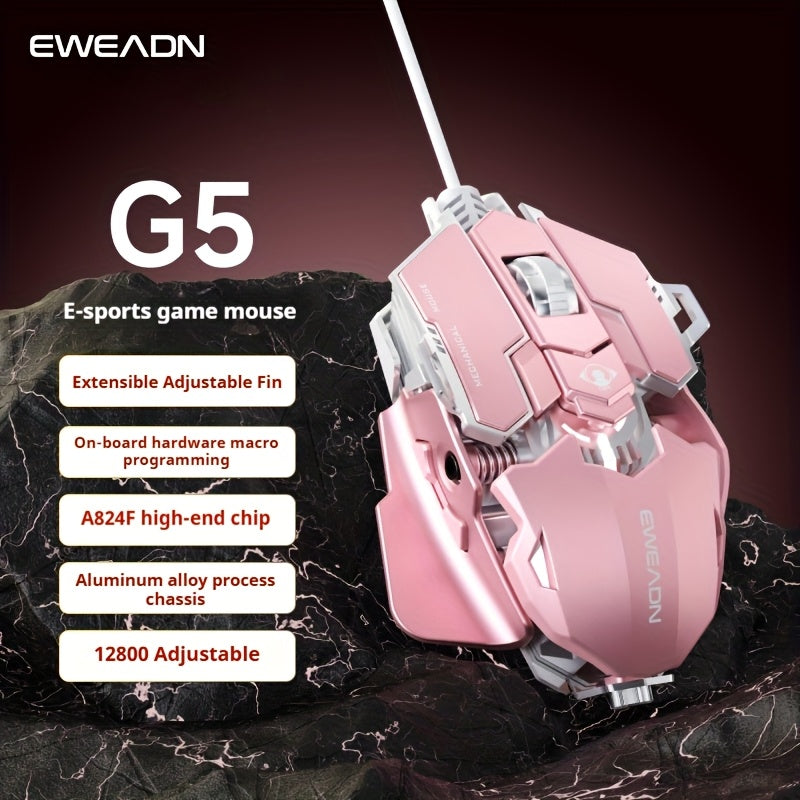 EWEADN G5 USB Wired Gaming Mouse Silent or Audible Optional Metal Mechanical Mouse Gamer with 8 Buttons Macro Function Keys, Support Tail Length Adjustment to Suit Different Hand Sizes Perfect for Desktop, Laptop, Computer, School