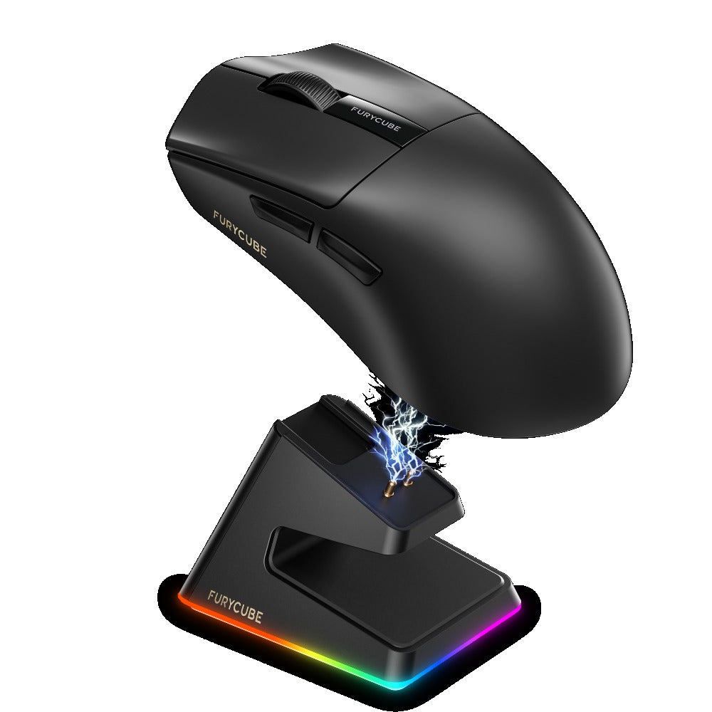 FURYCUBE The G9PRO Black\u002FWhite Tri-Mode Wireless Mouse with Charging Dock Supports Bluetooth\u002F2.4G\u002Fwired Connections, Boasts A Long-lasting 500mAh Rechargeable Battery, and Adjustable DIP 22000, Making It Ideal for Esports Gaming.
