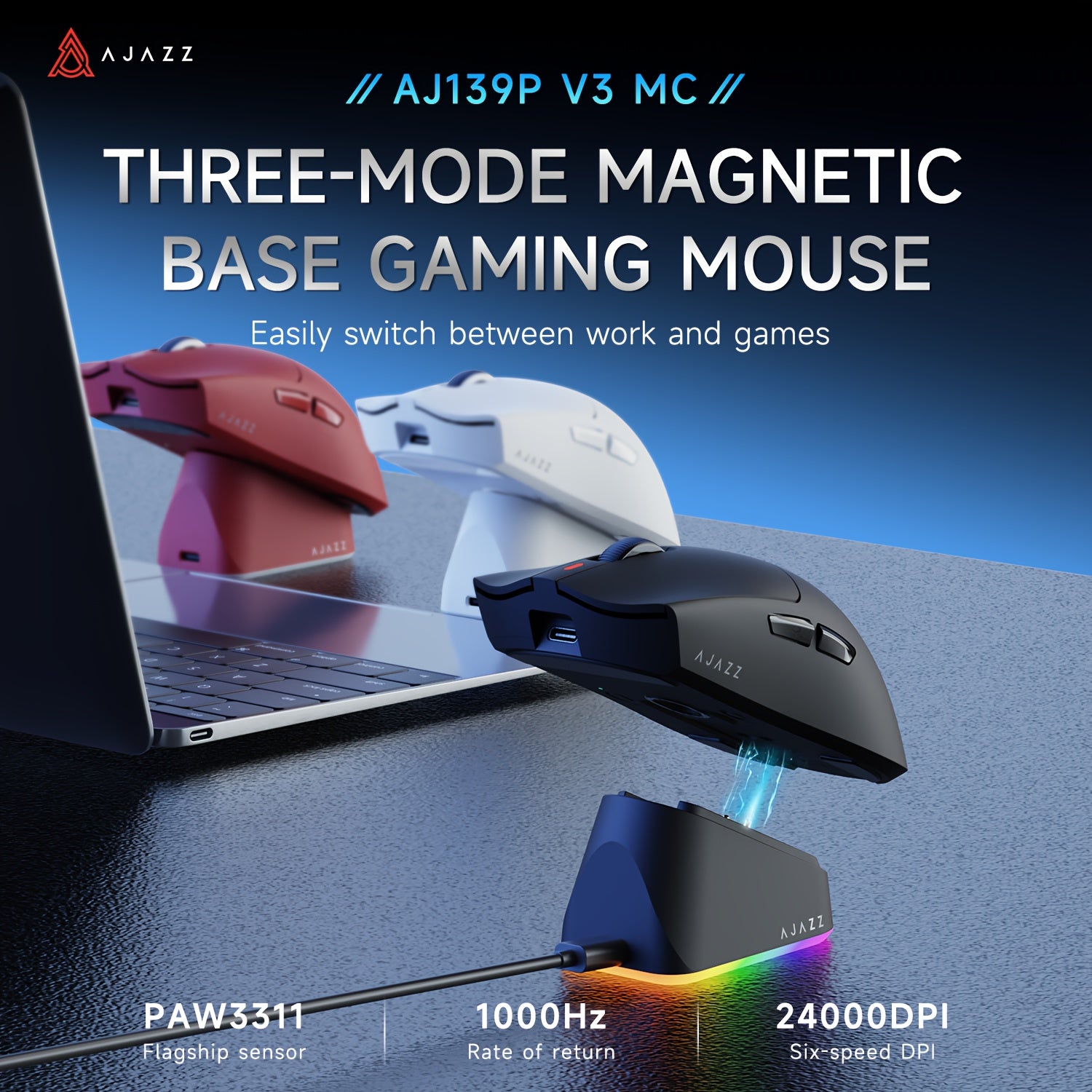 AJAZZ AJ139P V3 MC Wireless Mouse, Equipped with a Charging Dock, a Three-Mode Gaming Mouse, 800Mah Battery, PAW3311 Sensor, 1000 Polling Rate, Lightweight at 69G, Compatible with Win\u002FMac