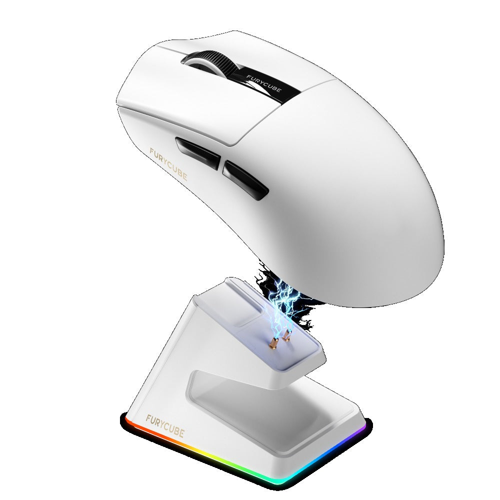 FURYCUBE The G9PRO Black\u002FWhite Tri-Mode Wireless Mouse with Charging Dock Supports Bluetooth\u002F2.4G\u002Fwired Connections, Boasts A Long-lasting 500mAh Rechargeable Battery, and Adjustable DIP 22000, Making It Ideal for Esports Gaming.