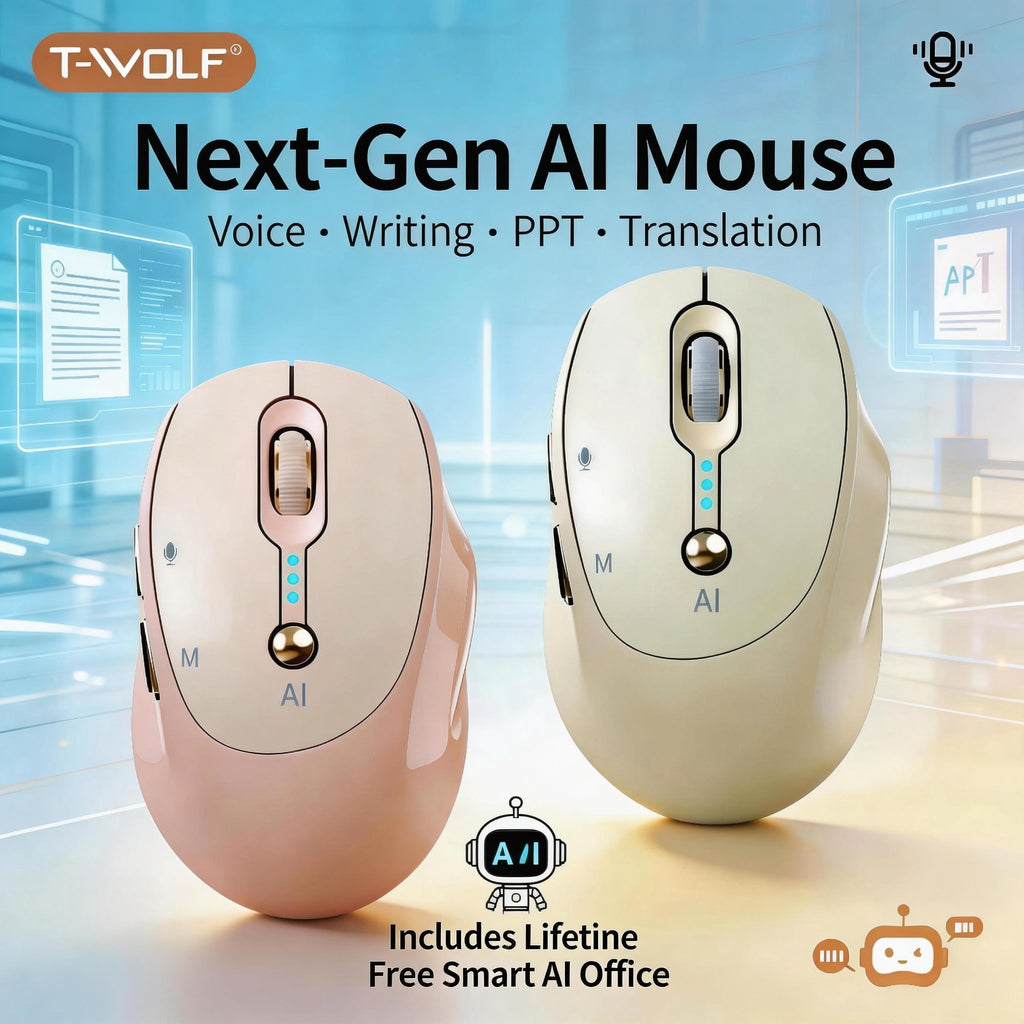 T-WOLF AI Wireless Mouse - Includes Free Smart AI Office, Voice-To-Text And Translation, AI Writing And PPT Generation, Silent Wireless + 2.4G Dual-Mode Office Mouse, Rechargeable with Battery Level Display, Suitable for PC, Laptops, And Tablets