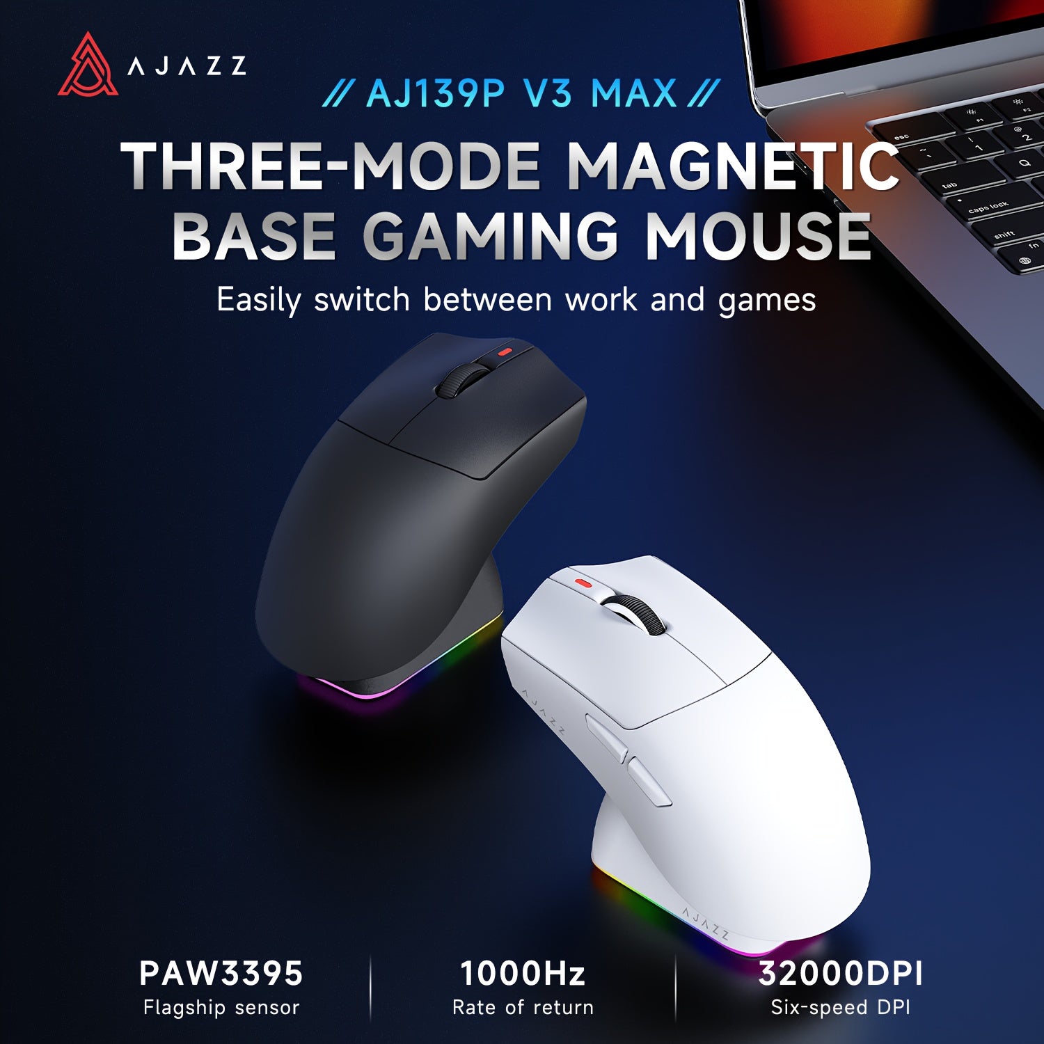 AJAZZ AJ139P V3 MAX Tri-mode Gaming Mouse 32K Flagship Performance, Ultra-fast Response | Excellent Choice for Both Office And Gaming, Charge Anytime, Say Goodbye to Wires | AJAZZ AJ139P V3 MAX Redefines The Wireless Experience