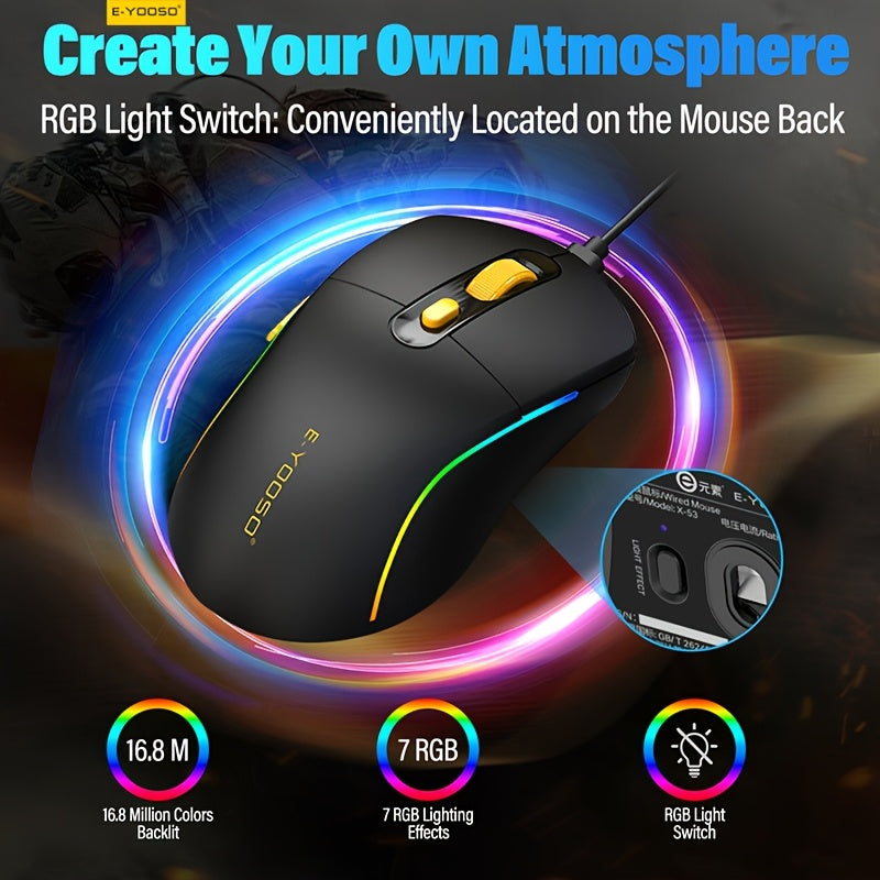 E-YOOSO 1pc Wired RGB Gaming Mouse - Adjustable Seven-Color Backlight, Macro Functions, SG8925 Chip, Compatible with Computer\u002FLaptop Devices, Plug And Play