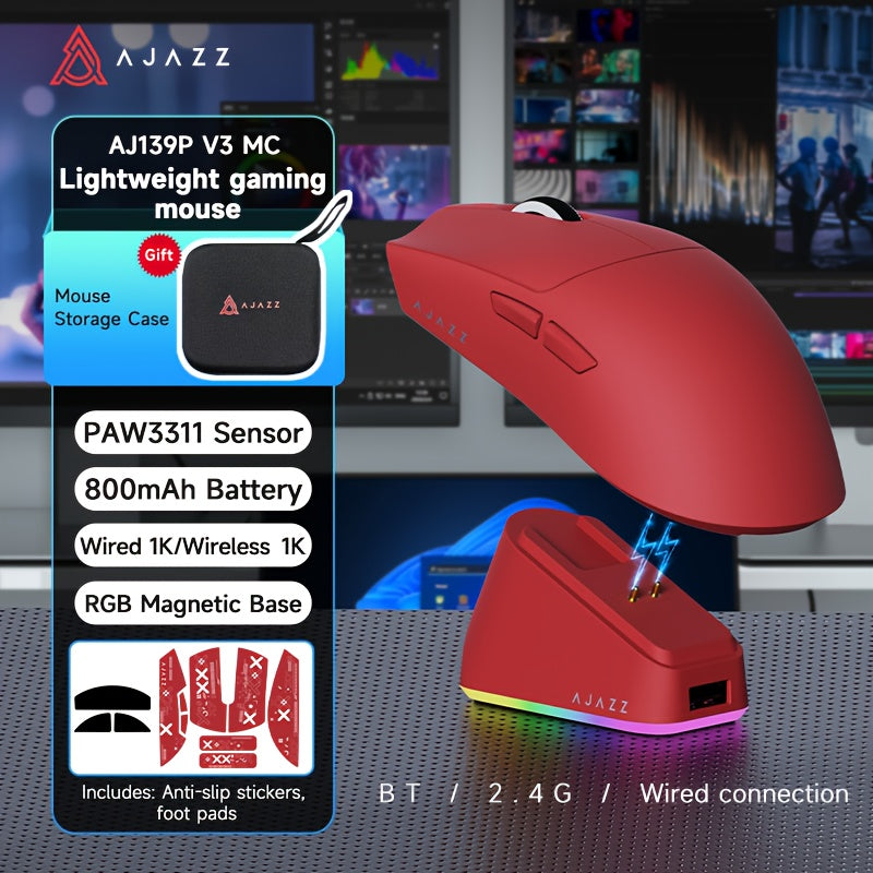 AJAZZ AJ139P V3 MC Wireless Mouse, Equipped with a Charging Dock, a Three-Mode Gaming Mouse, 800Mah Battery, PAW3311 Sensor, 1000 Polling Rate, Lightweight at 69G, Compatible with Win\u002FMac