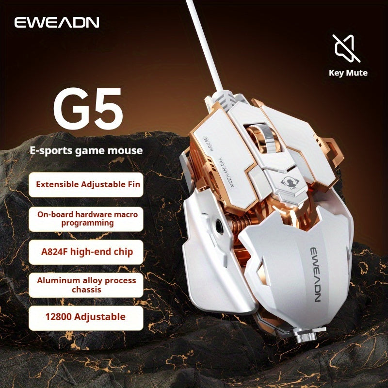 EWEADN G5 USB Wired Gaming Mouse Silent or Audible Optional Metal Mechanical Mouse Gamer with 8 Buttons Macro Function Keys, Support Tail Length Adjustment to Suit Different Hand Sizes Perfect for Desktop, Laptop, Computer, School